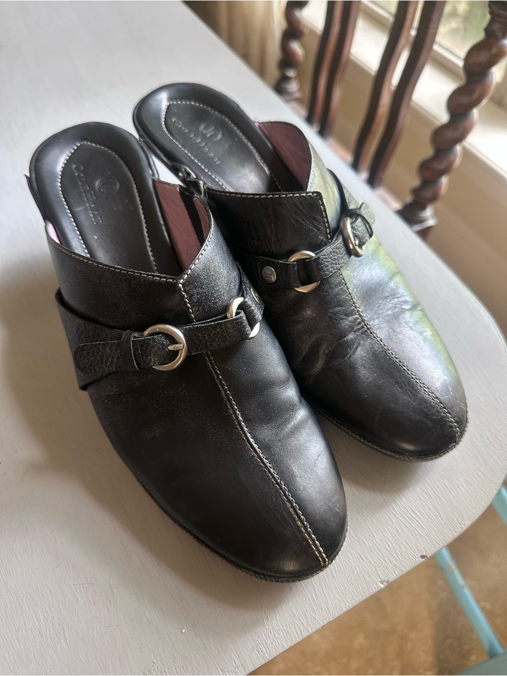 Cole Haan Black Leather Slip-On Mule with Silver Buckle